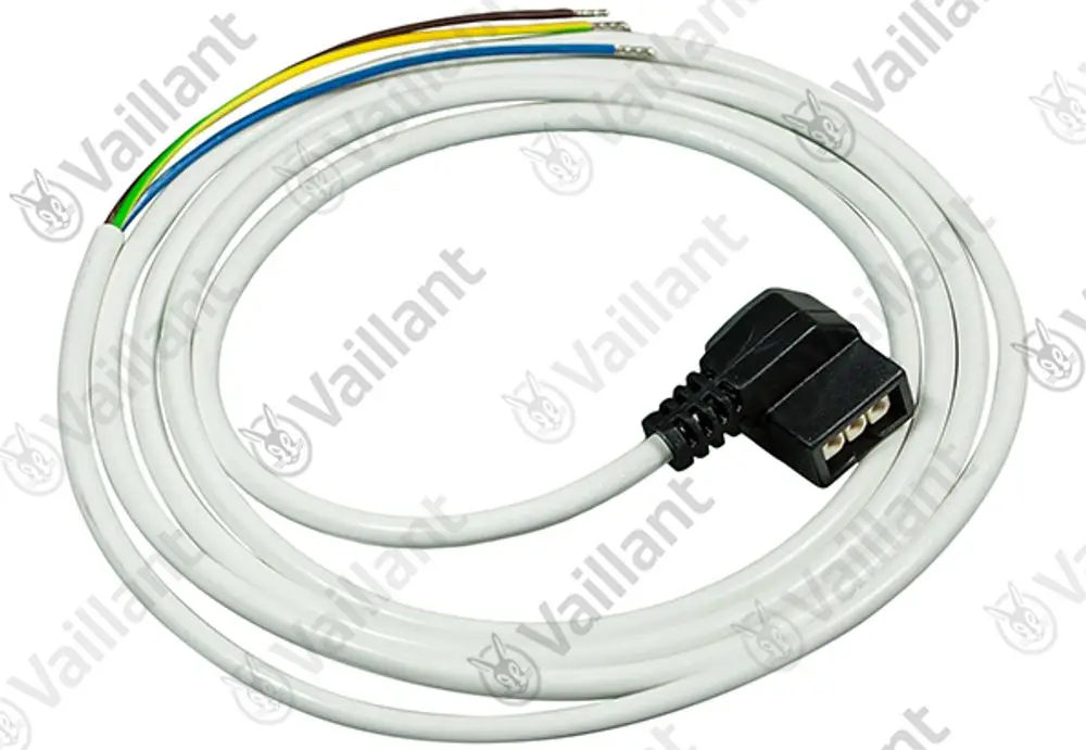 Vaillant Netzanschlusskabel mit mehreren farbigen Leitungen, die in einem runden Kabelstrang zusammengefasst sind. Anschlussstecker am Ende für elektrische Verbindungen.
